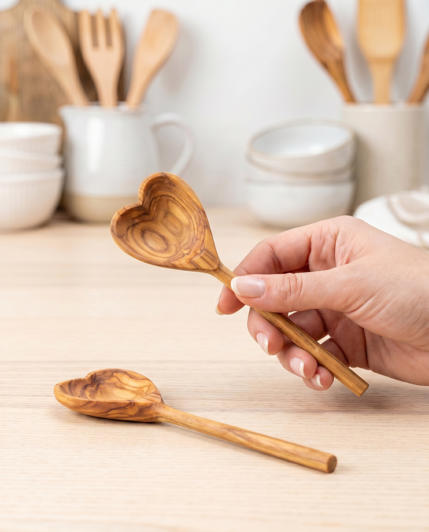 Olive Wood Heart Teaspoon Pair