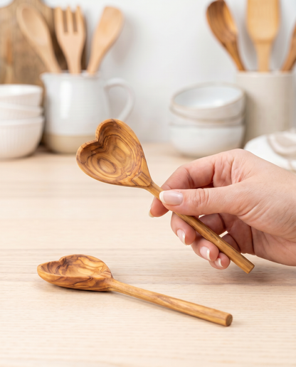 Olive Wood Heart Teaspoon Pair