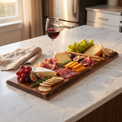 24 inch acacia wood grazing board styled with a charcuterie spread on a kitchen island