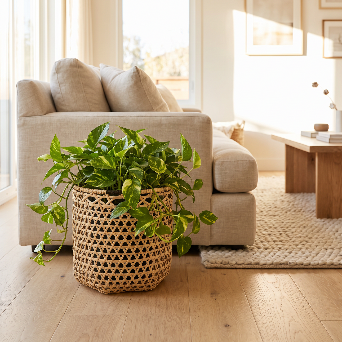 Handwoven hexagon weave rattan basket used as a plant holder in a bright modern living room