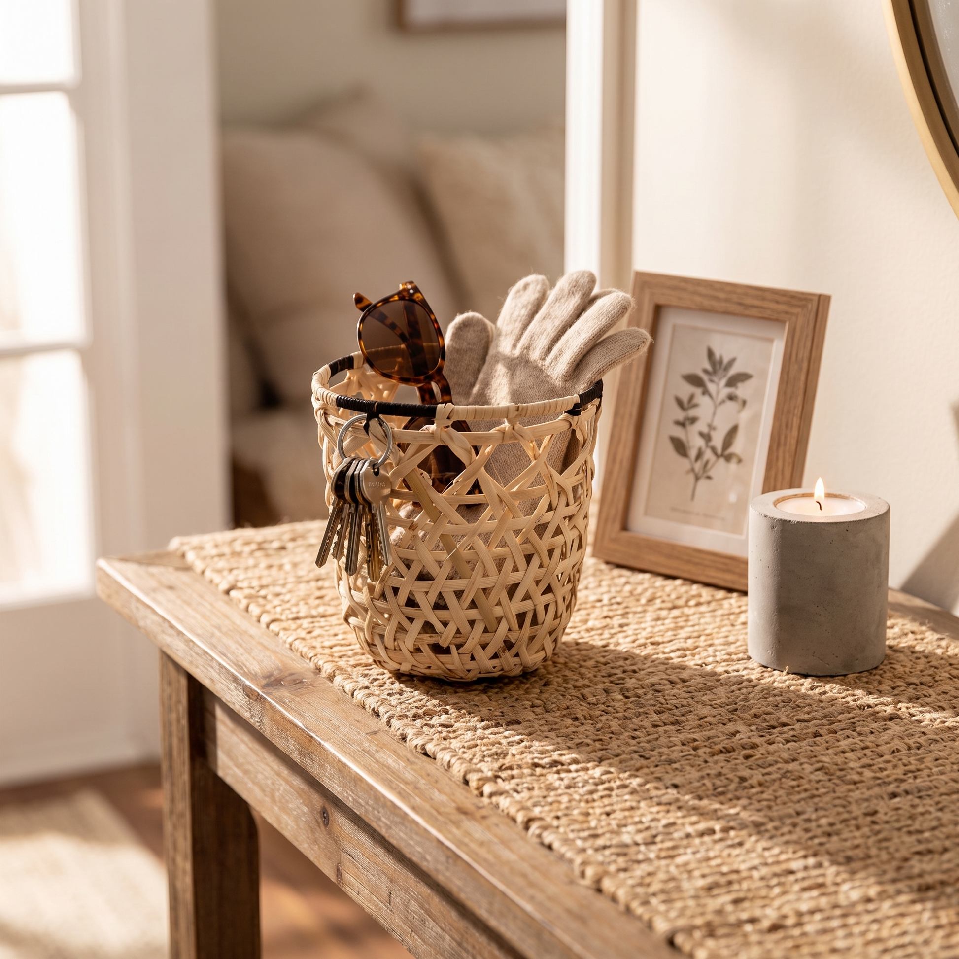 Small handwoven hexagon weave rattan basket holding keys and sunglasses on an entryway console table