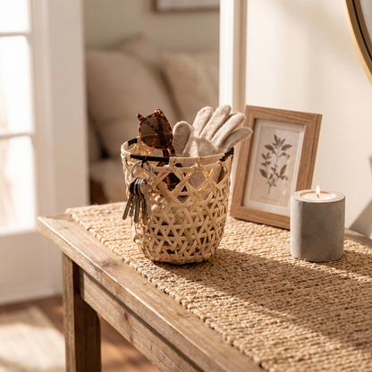 Small handwoven hexagon weave rattan basket holding keys and sunglasses on an entryway console table