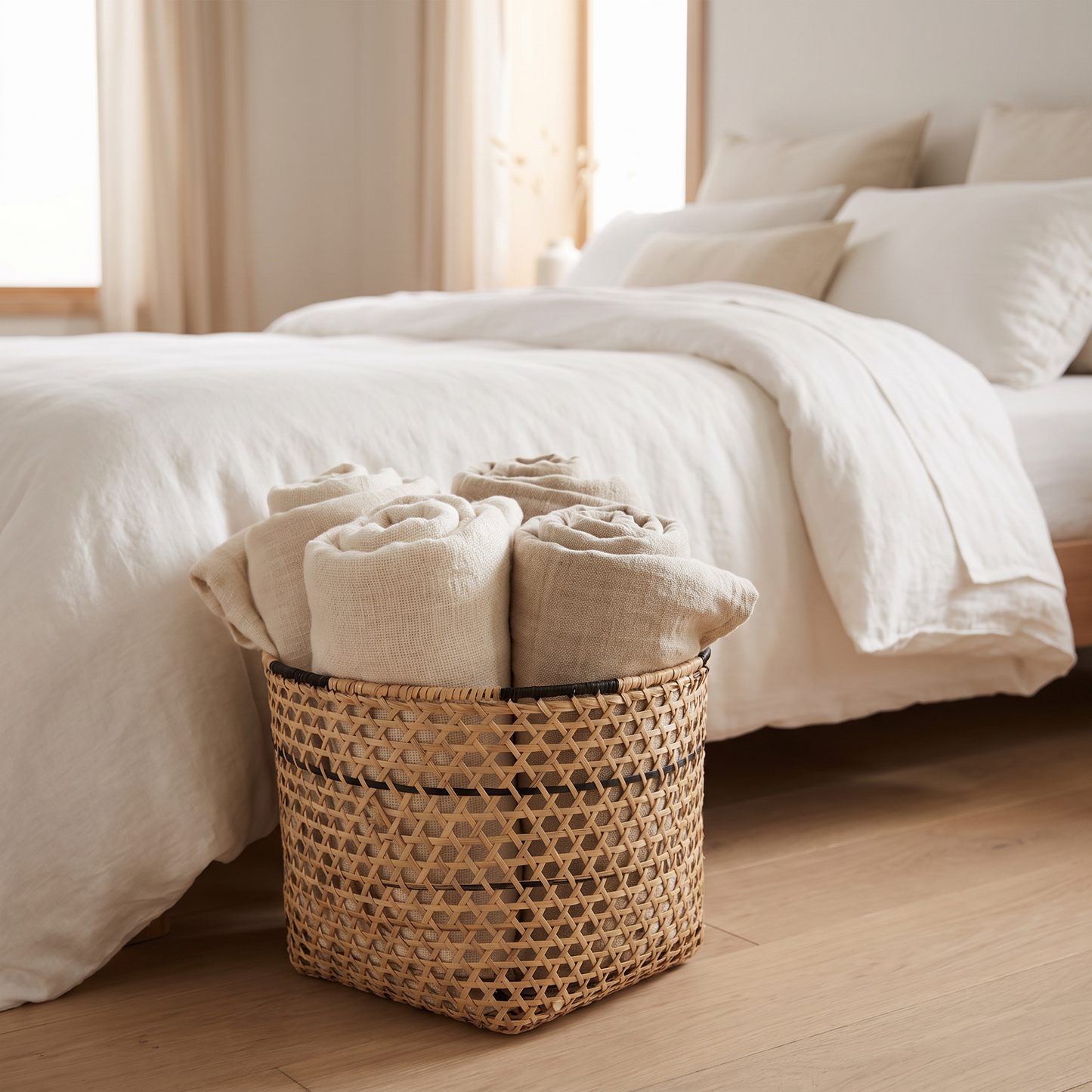 Handwoven hexagon weave rattan storage basket holding rolled throw blankets in a minimalist bedroom