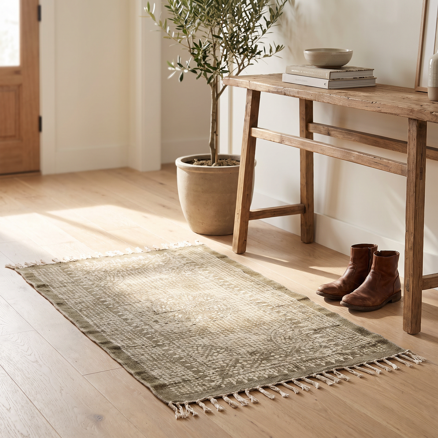 Ananda block printed khaki cotton rug on a wooden entryway floor