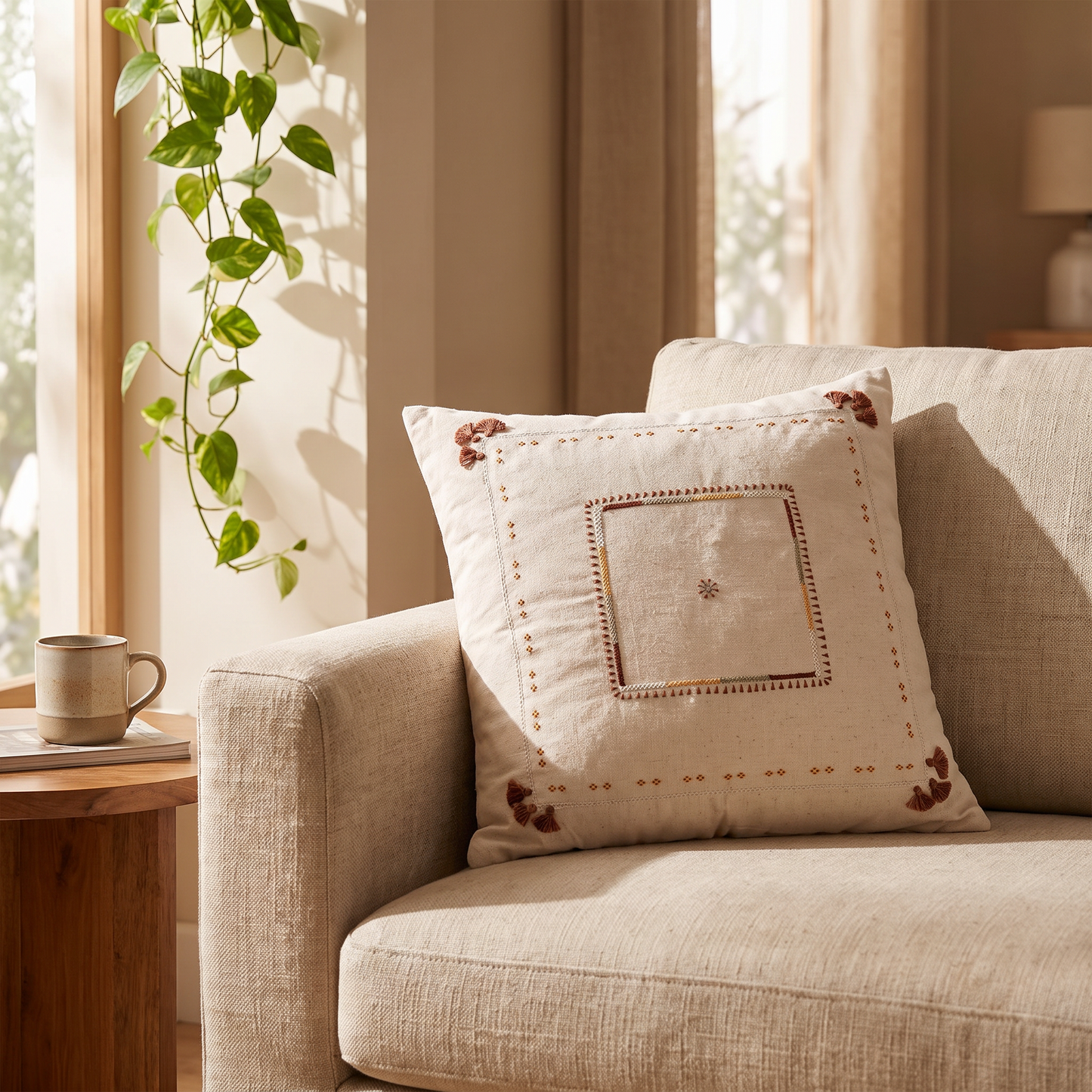 Abira embroidered throw pillow styled on a linen sofa in a sunlit living room