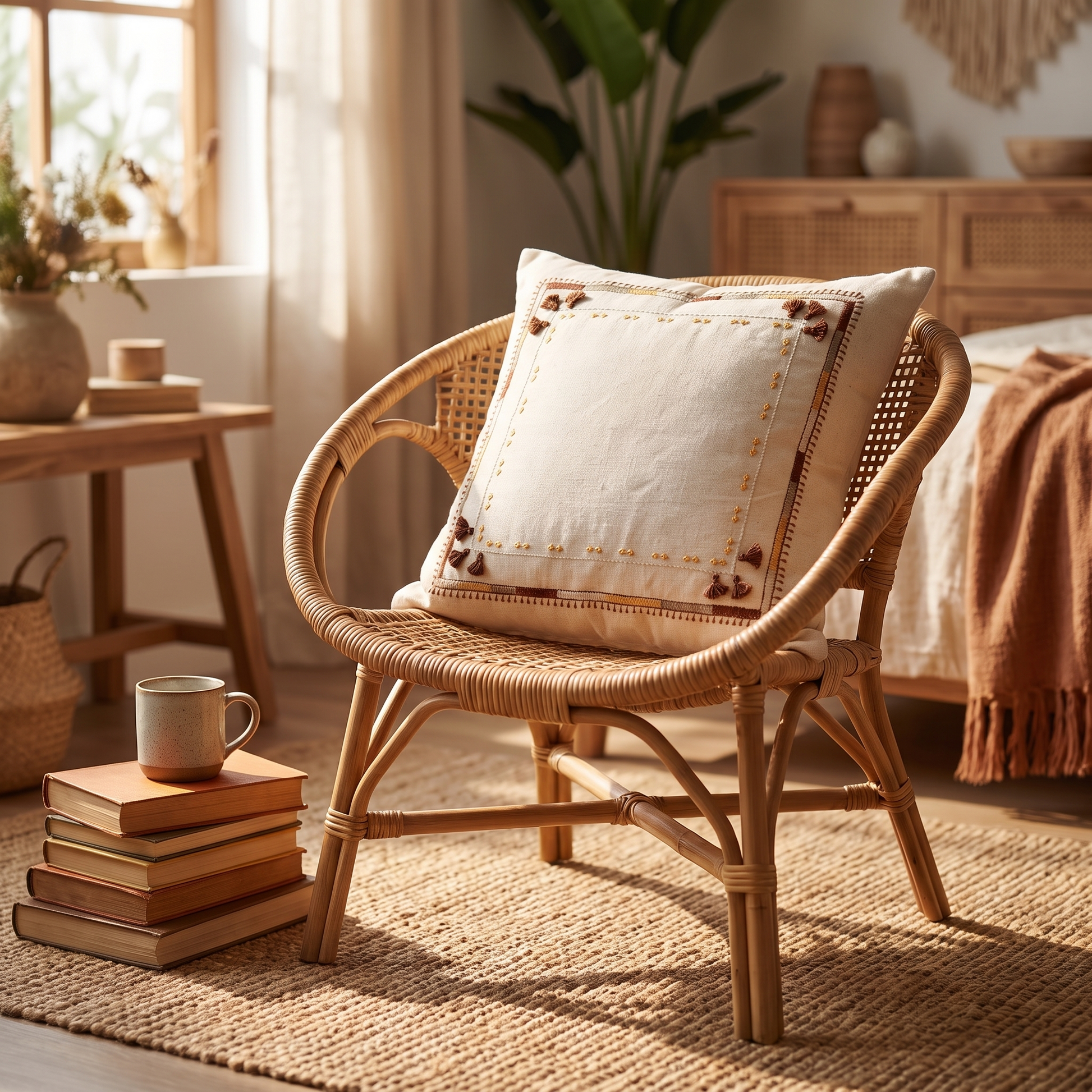Lambadi embroidered throw pillow on a rattan armchair in a boho bedroom corner