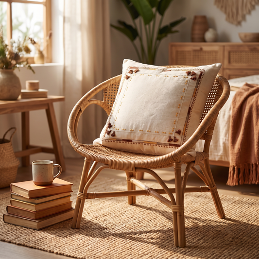 Lambadi embroidered throw pillow on a rattan armchair in a boho bedroom corner