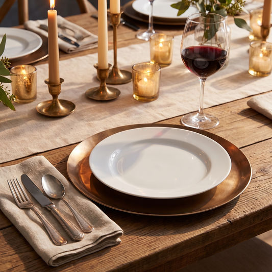Aged bronze charger plate as the base of an elegant candlelit dinner place setting