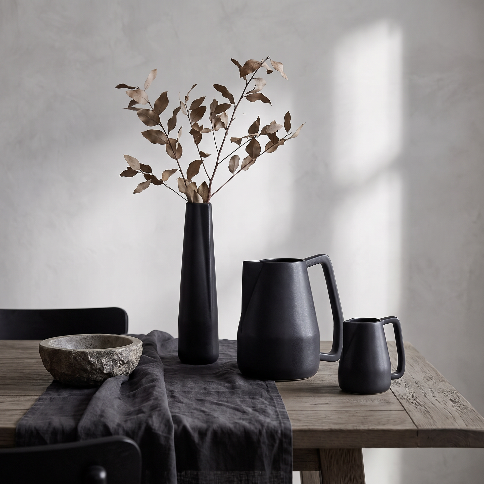 Black Novah ceramic pitchers grouped on a dining table with dried branches