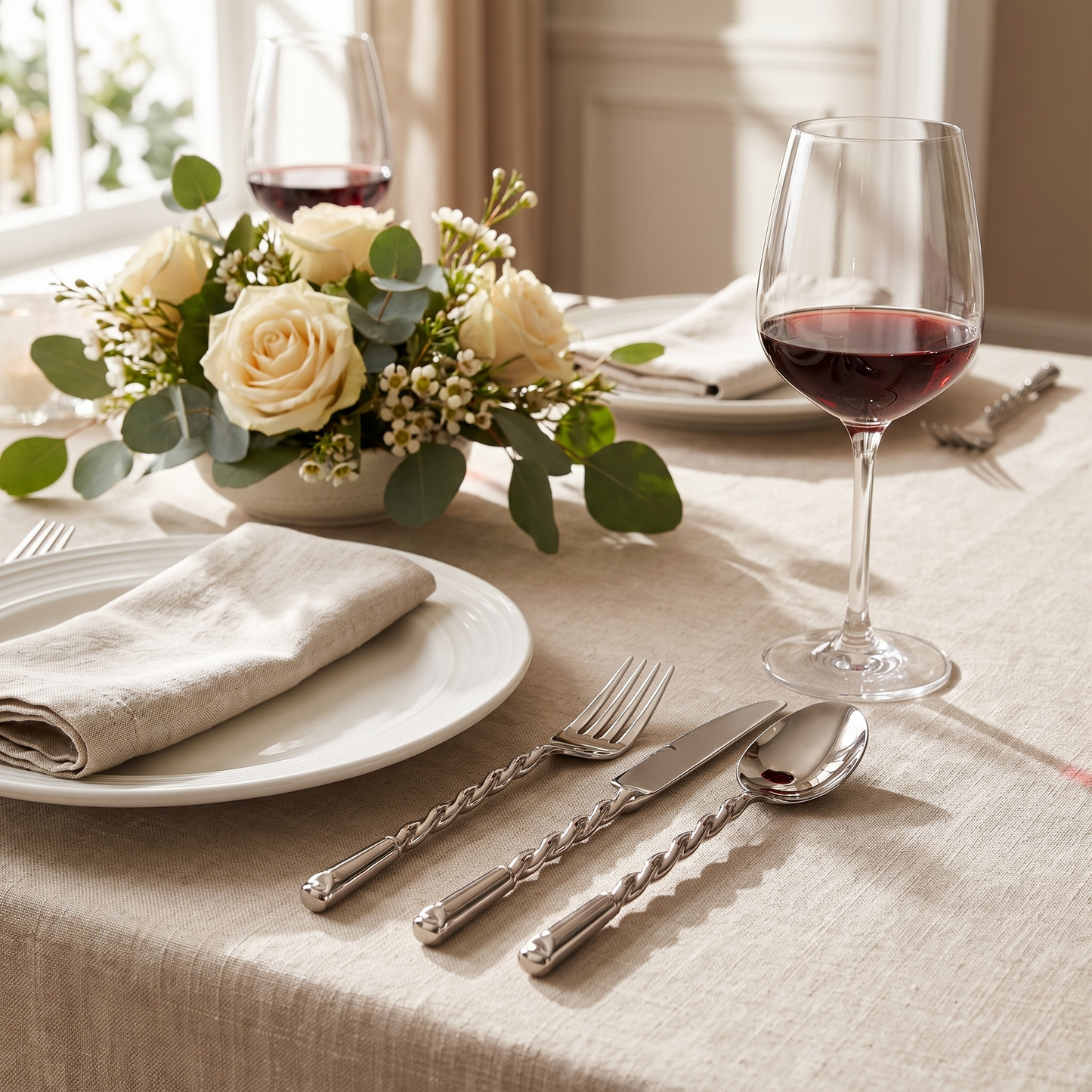 Ava silverware laid in an elegant place setting on a dressed dining table