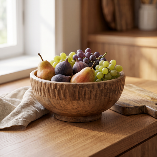 Bakti carved wooden bowl filled with fresh fruit on a kitchen counter