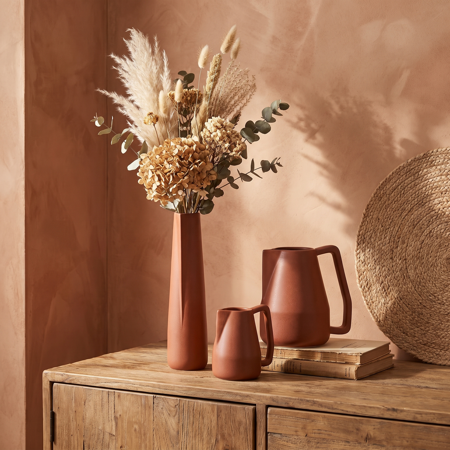 Brown Novah ceramic pitchers styled with dried flowers on a wooden sideboard