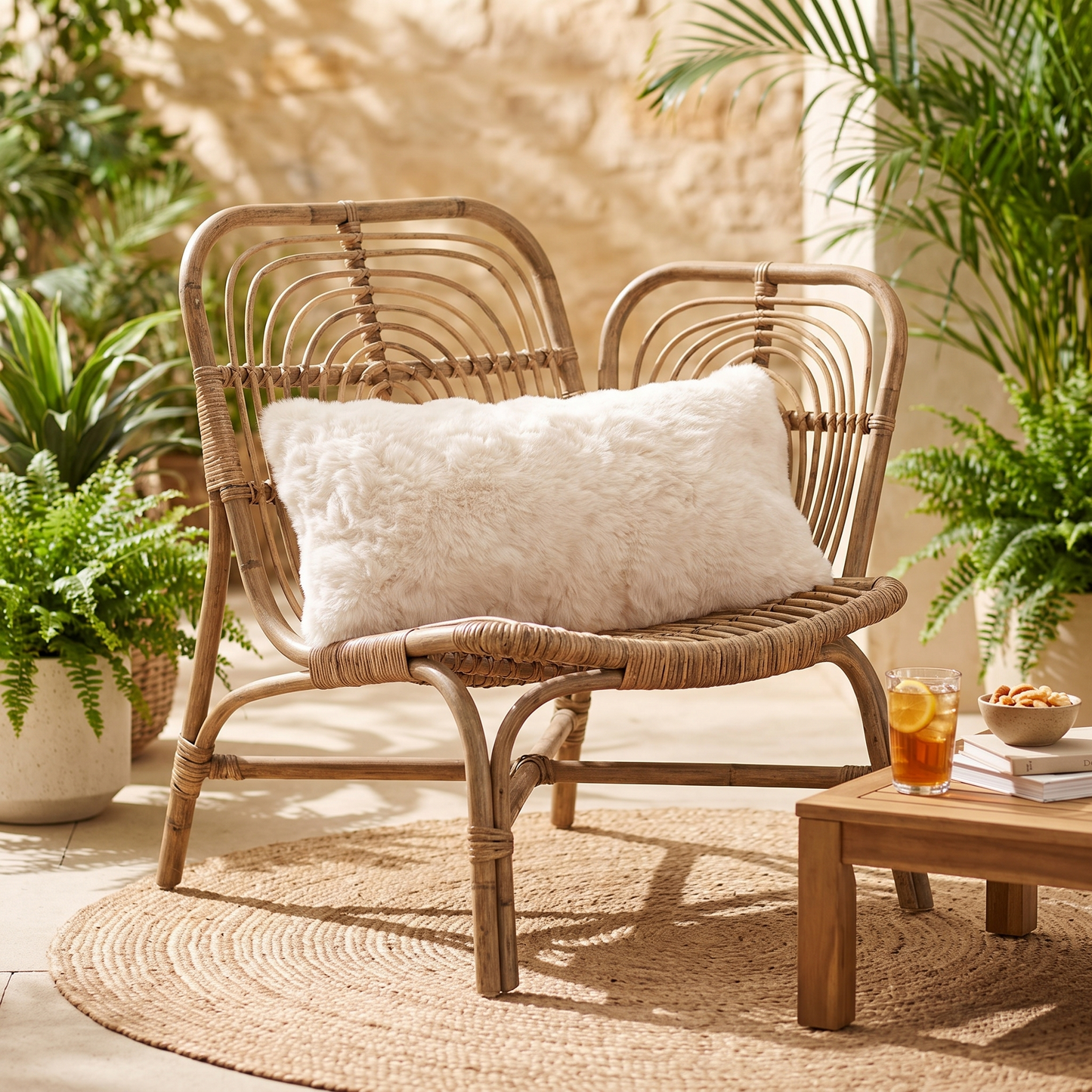Erie jute Kilim lumbar pillow on a rattan lounge chair on a sunlit patio