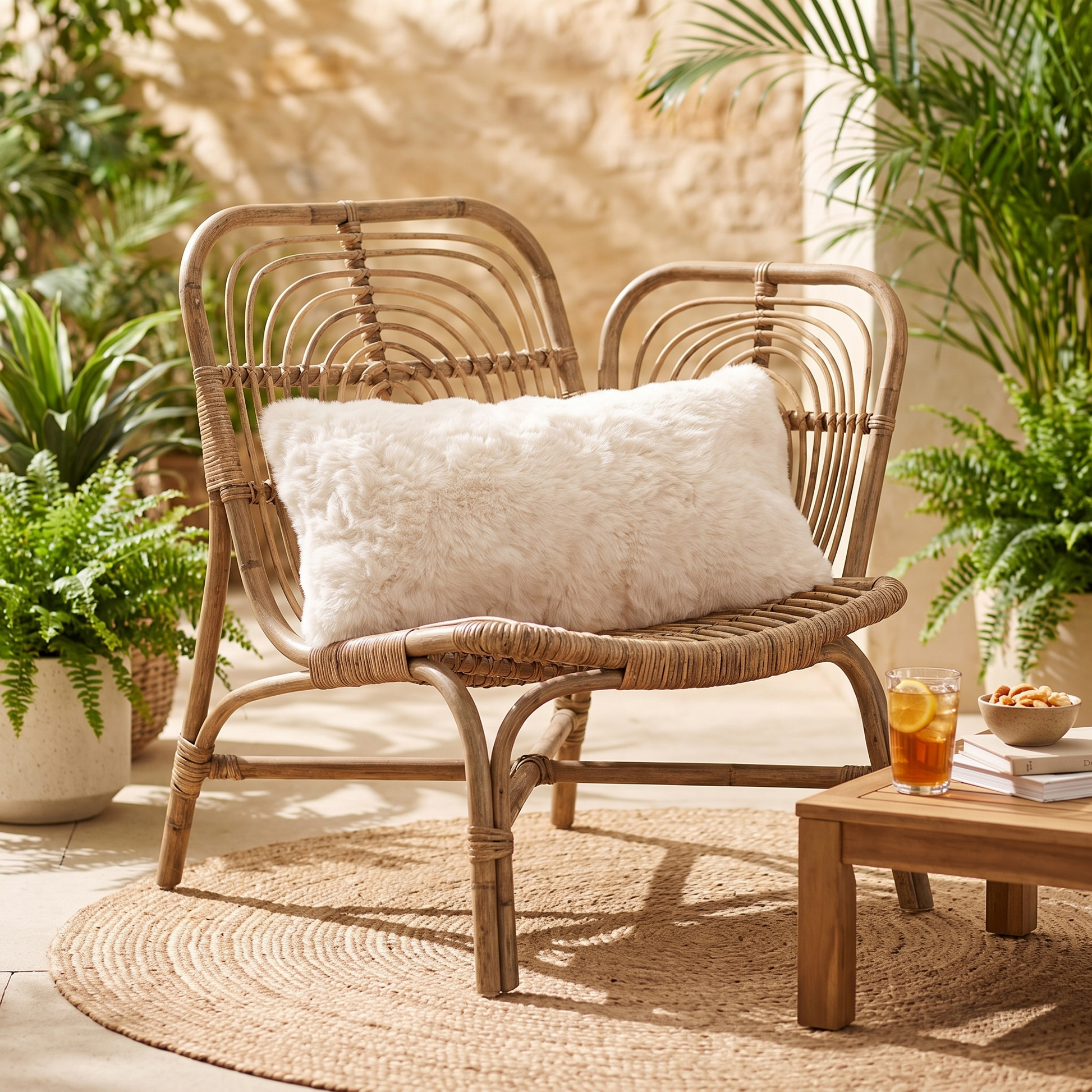 Erie jute Kilim lumbar pillow on a rattan lounge chair on a sunlit patio