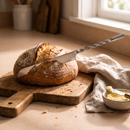 Kara bread knife slicing a rustic sourdough loaf on a wooden board
