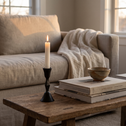 Low diamond iron candle stand with a lit candle on a styled coffee table