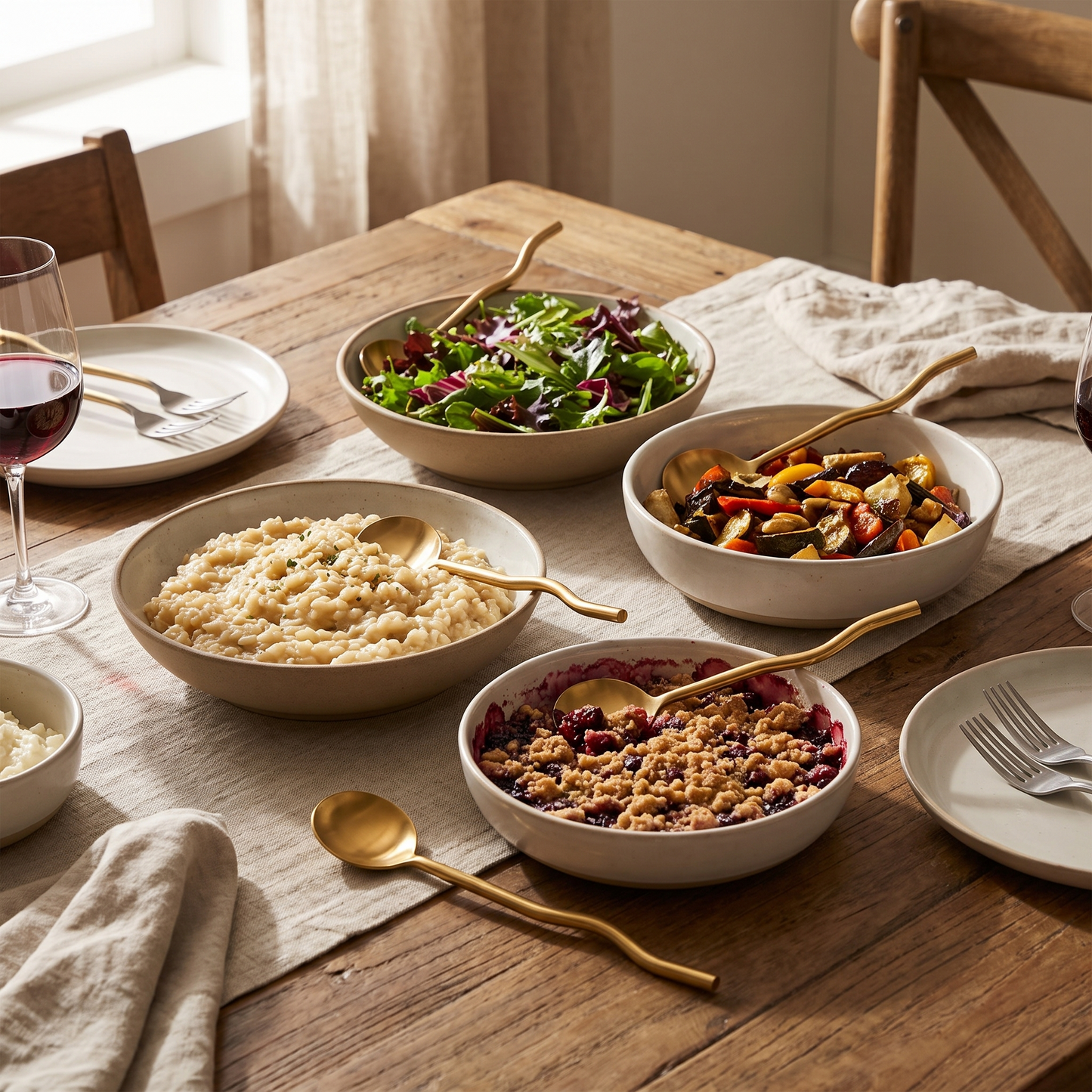 Nadia brass serving spoons resting in ceramic serving bowls on a shared dining table
