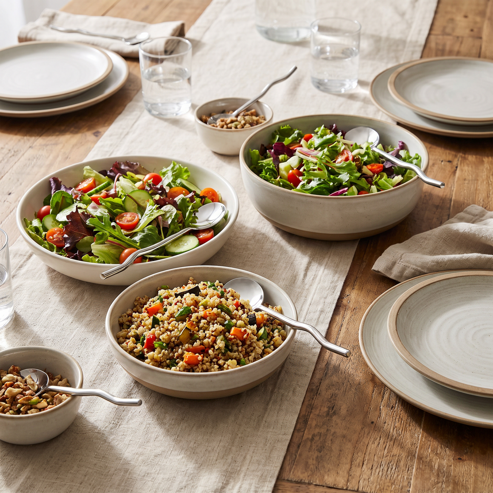 Nadia steel serving spoons resting in ceramic serving bowls on a set dining table
