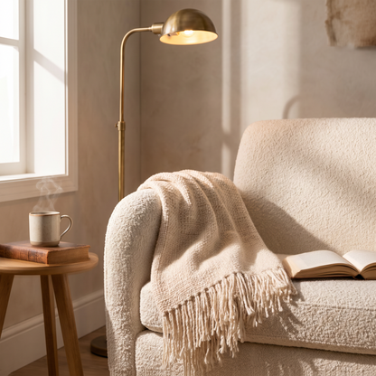 Nieve wool throw draped over a boucle armchair in a cosy reading corner