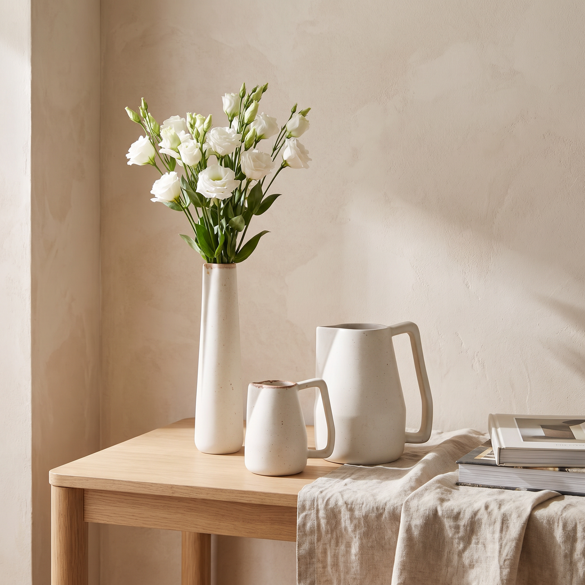 Off-white Novah ceramic pitchers with fresh blooms styled on a console table
