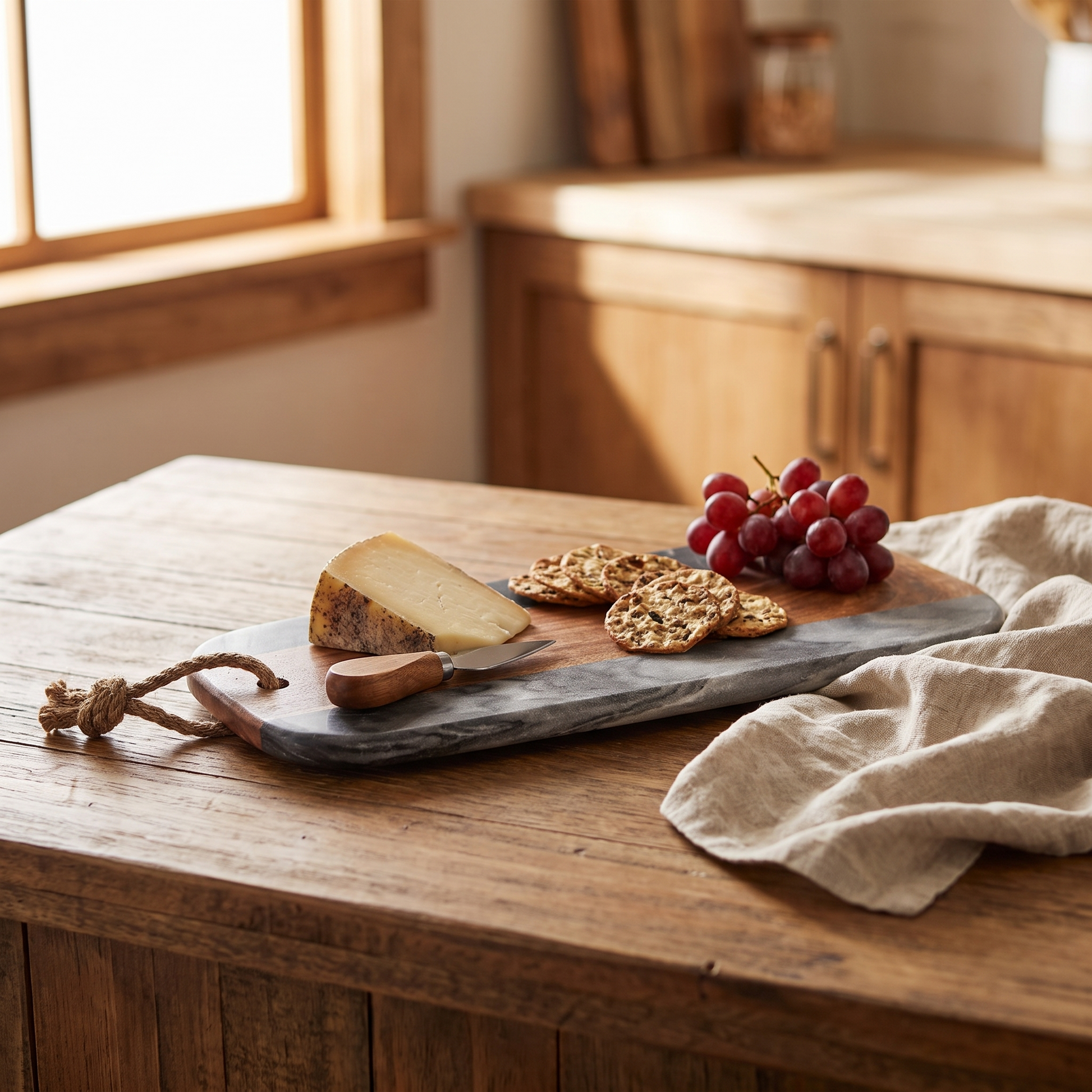 Sahaana wooden cutting board with cheese and crackers on a kitchen counter