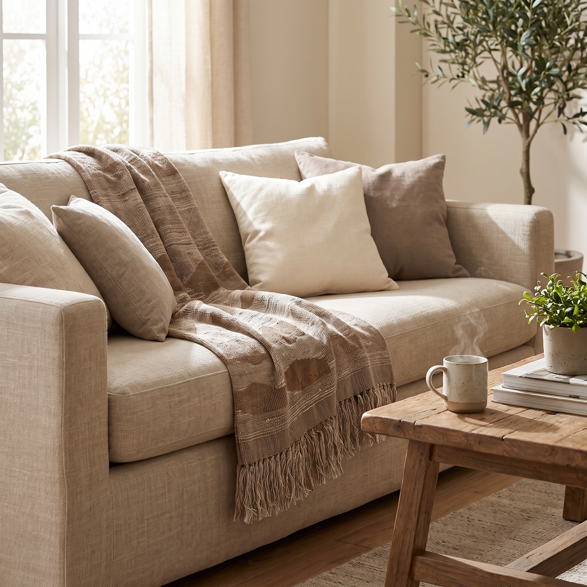 Rhythm throw draped over a linen sofa in a bright living room