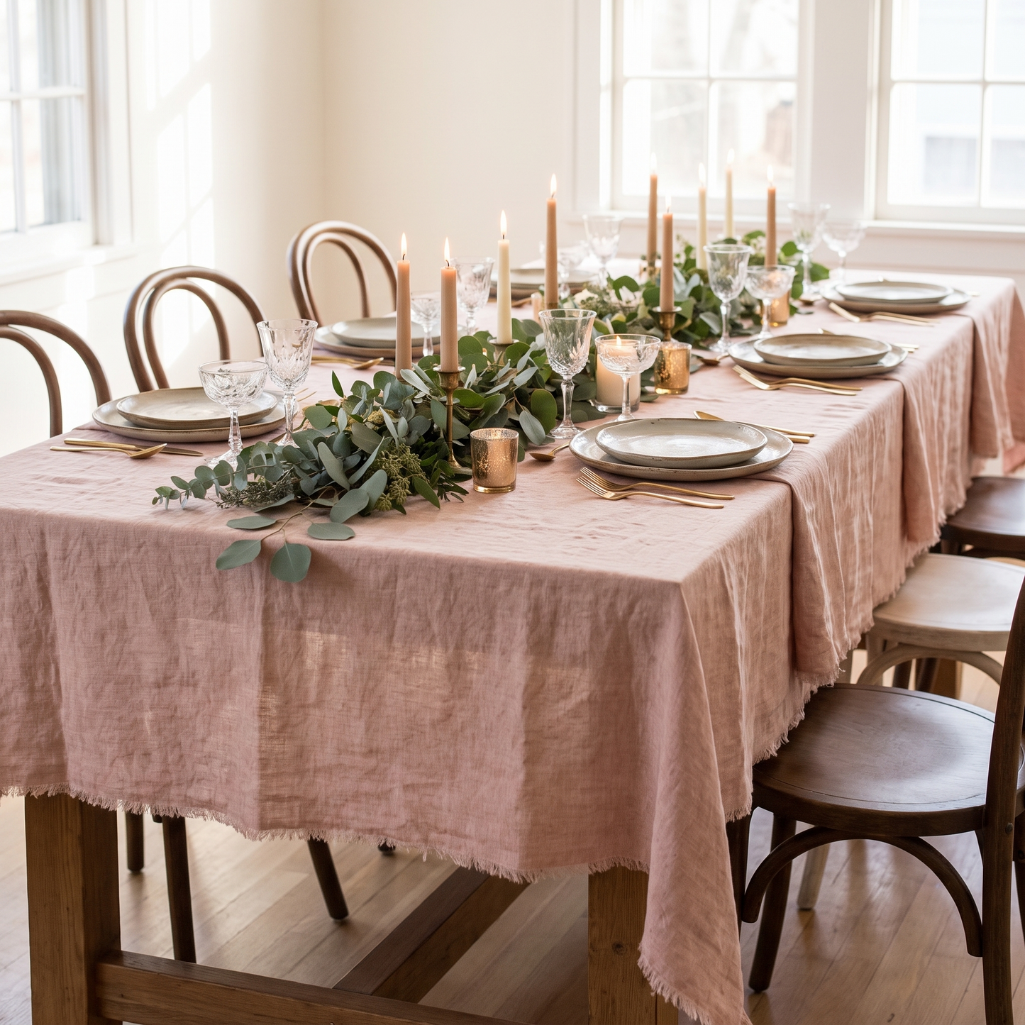 Stone washed linen tablecloth on a long dining table set for a gathering