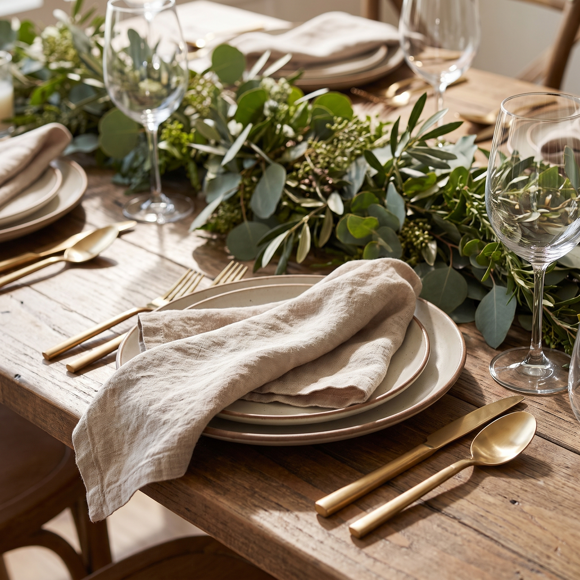 Stone washed linen dinner napkin folded on a plate in a dressed table setting