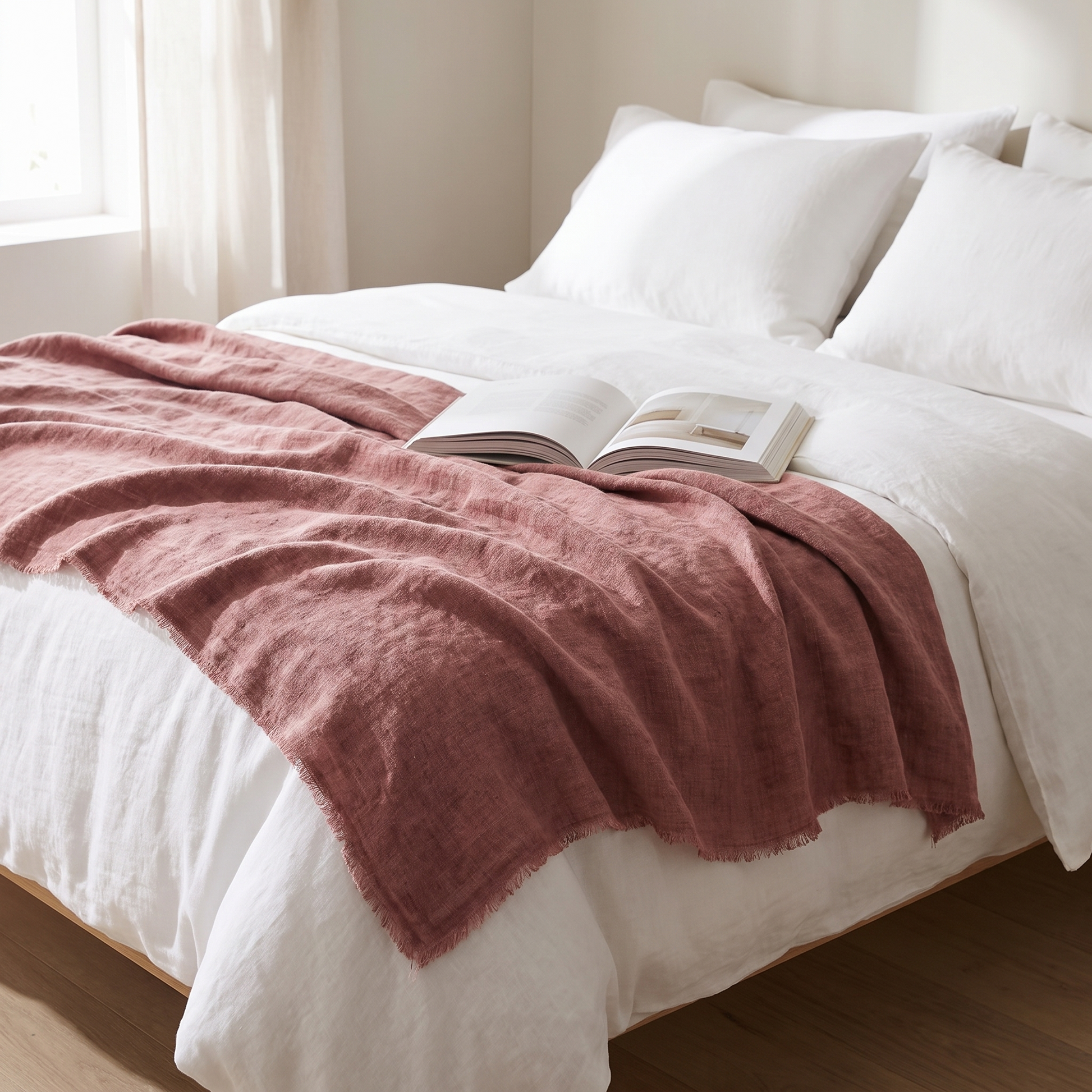 Stone washed linen throw blanket draped across a bed with white linen bedding