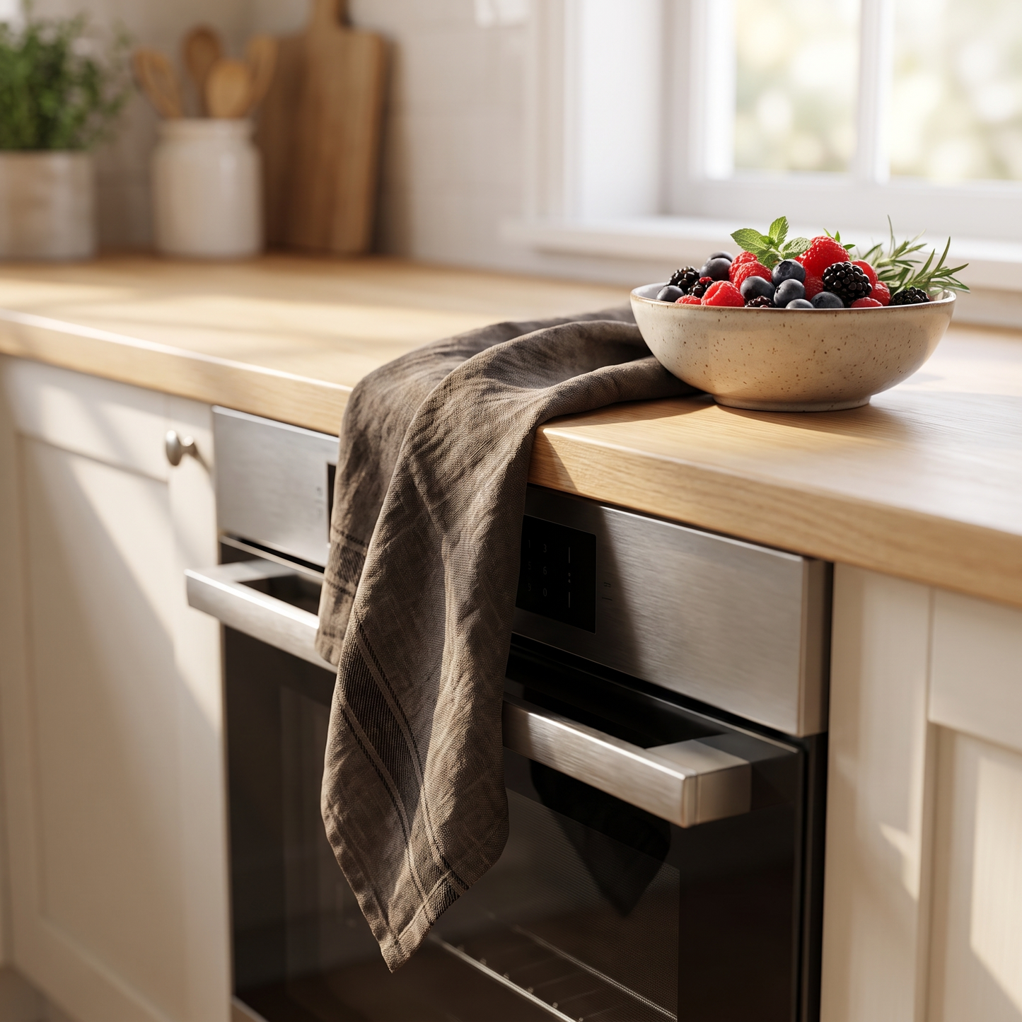 Stone washed linen tea towel in use in a bright kitchen