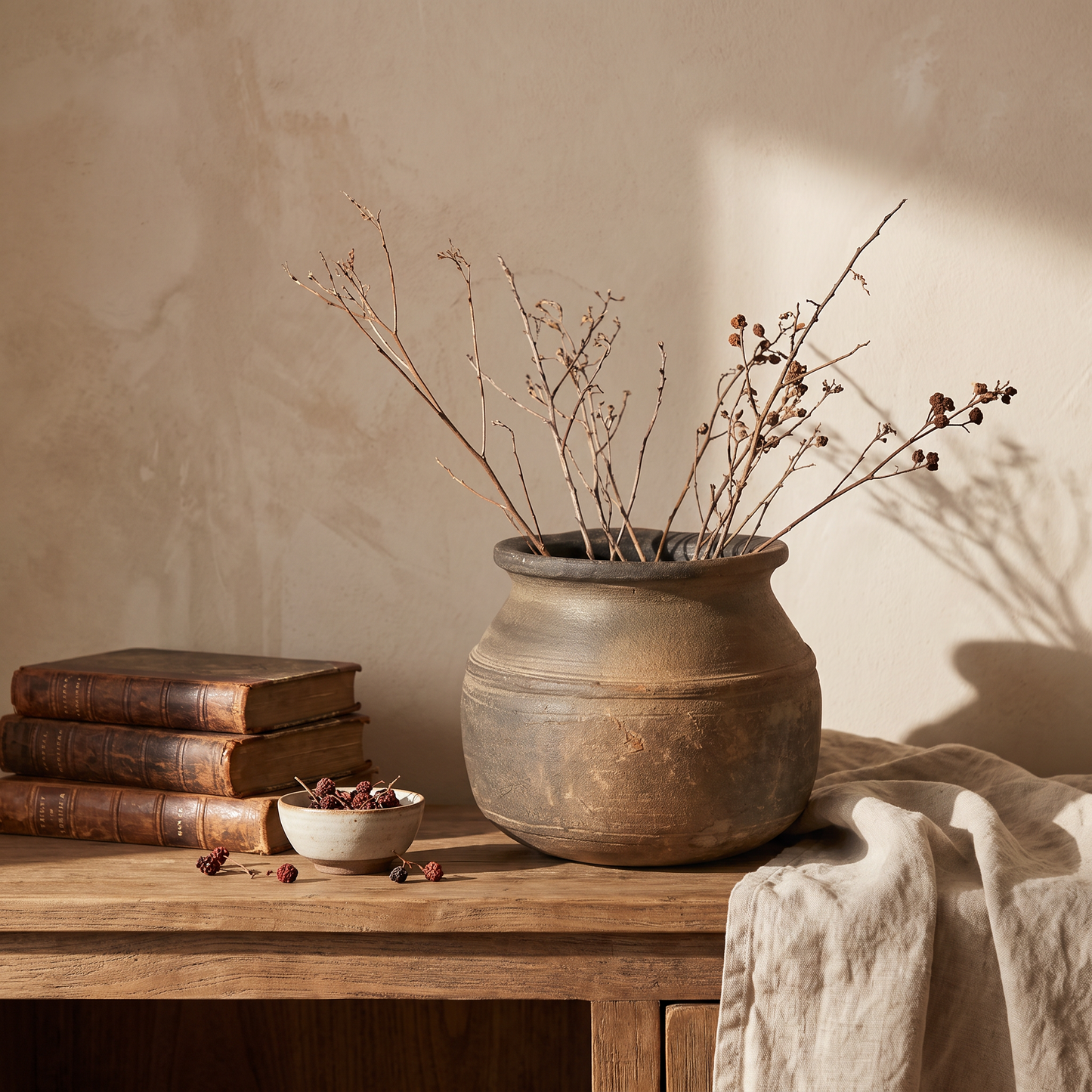 Vintage clay vessel with dried branches styled on a wooden sideboard
