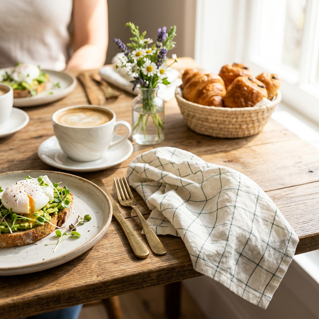Stone washed linen windowpane napkin beside a plate at a sunlit brunch table