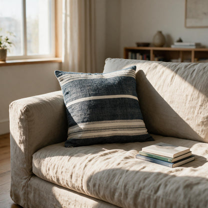 Aden throw pillow on a linen sofa