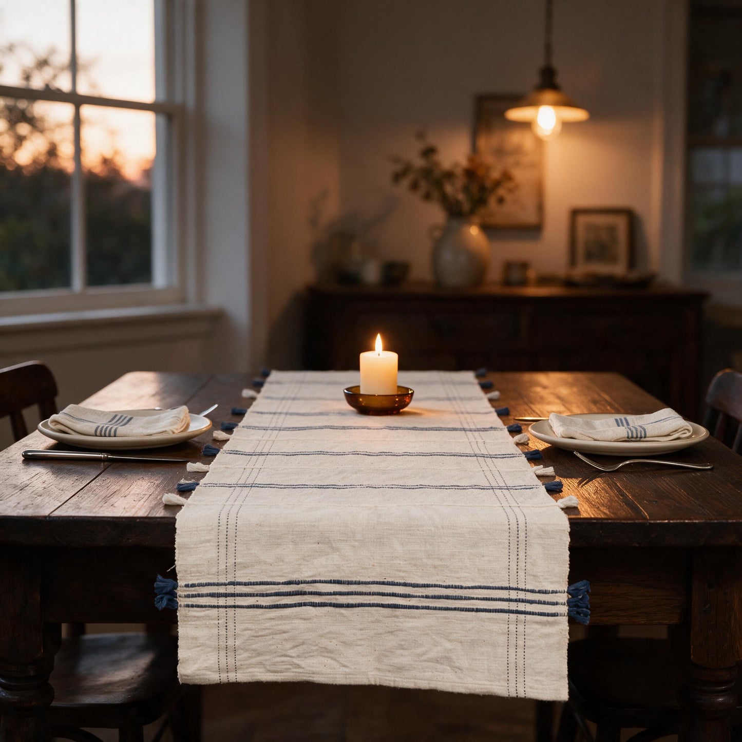 Ribbons cotton table runner on a dark oak table