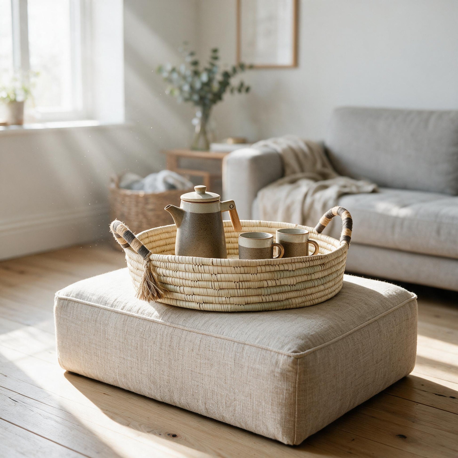 Natural banded Betty tray on an ottoman