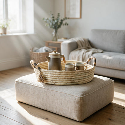 Natural banded Betty tray on an ottoman