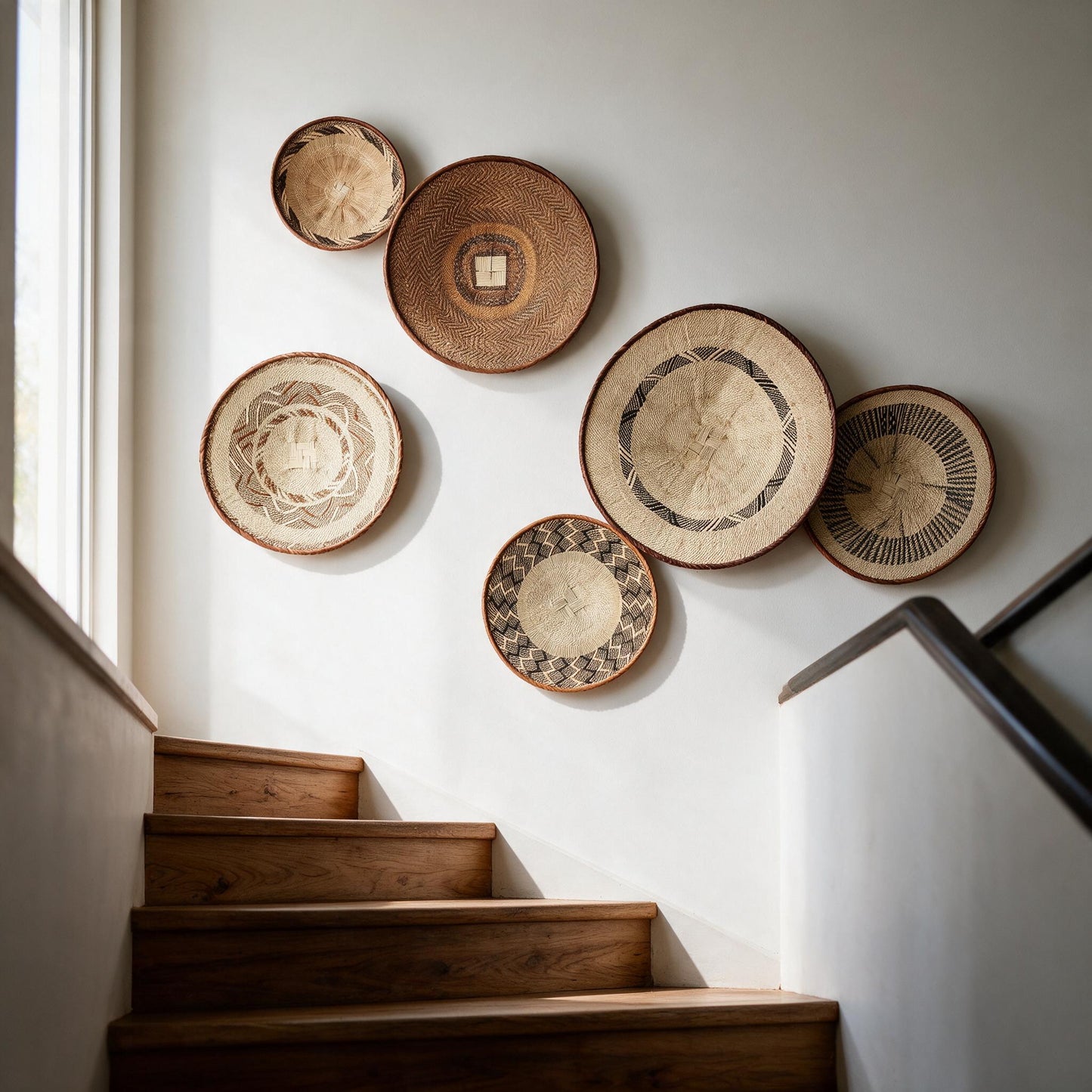 Binga patterned brown and natural wall art in a stairwell