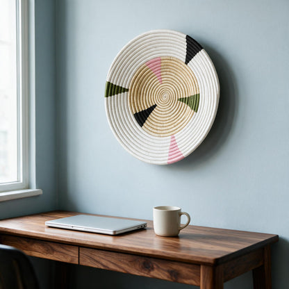 Mosaic bullseye wall basket above a desk