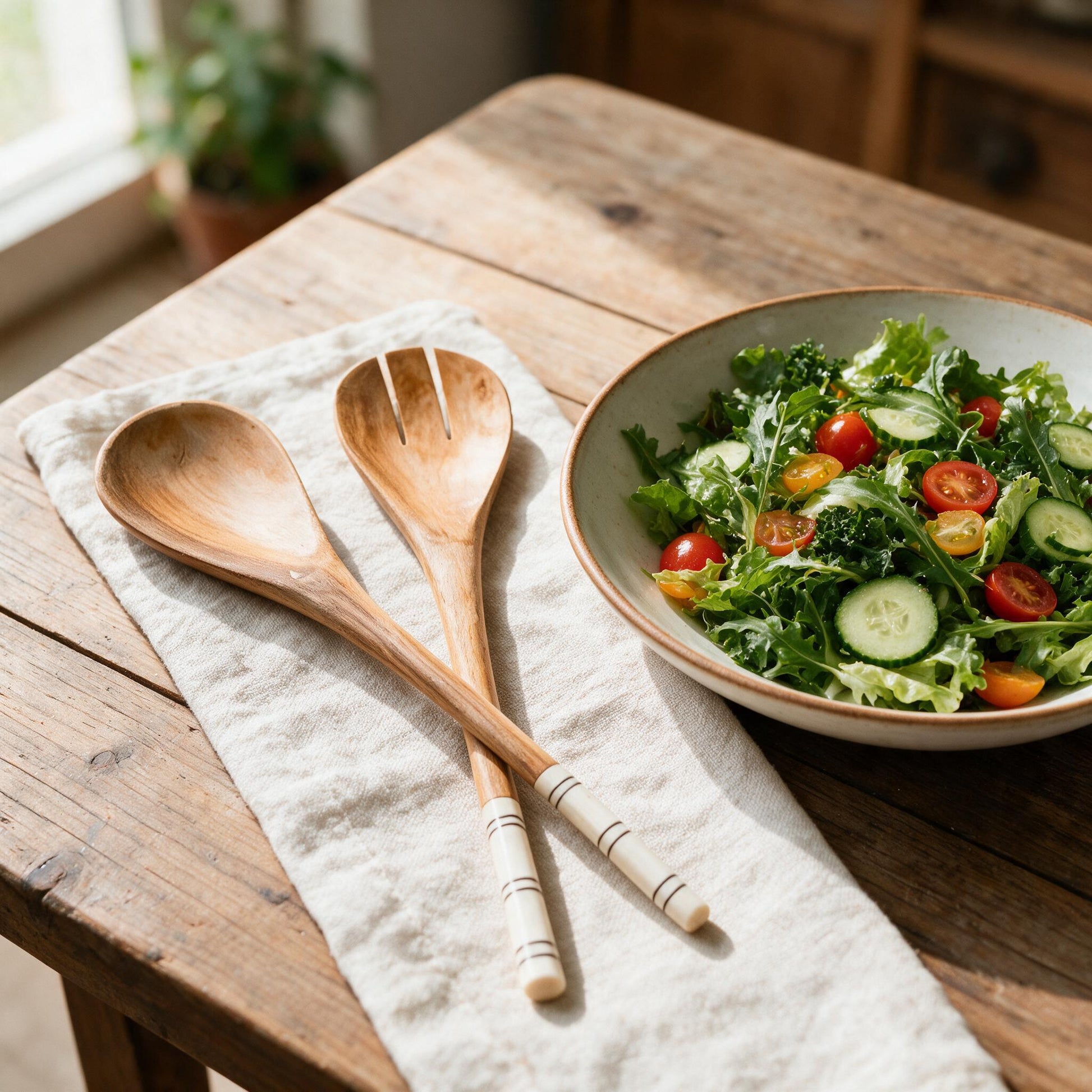 Striped olive wood and bone salad servers