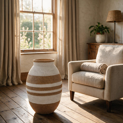 White striped Buhera basket beside an armchair