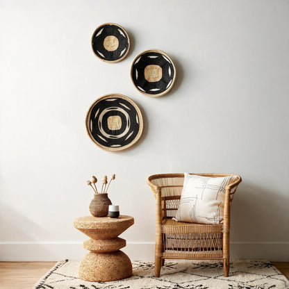 Nolyia black flat baskets, set of three, on a wall