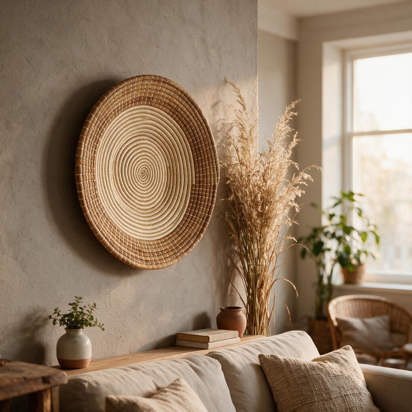 Pete banana bark basket on a living room wall