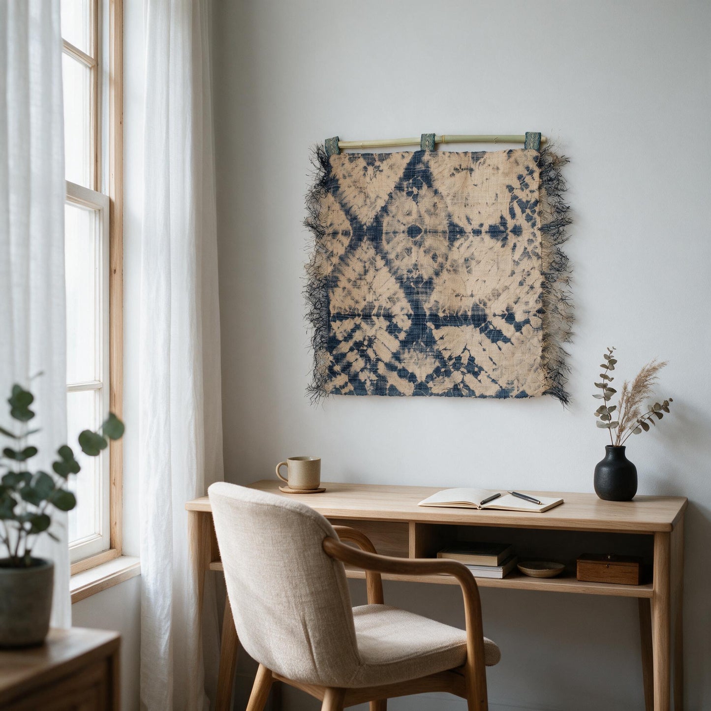 Denim blue raffia spider web wall hanging in an office