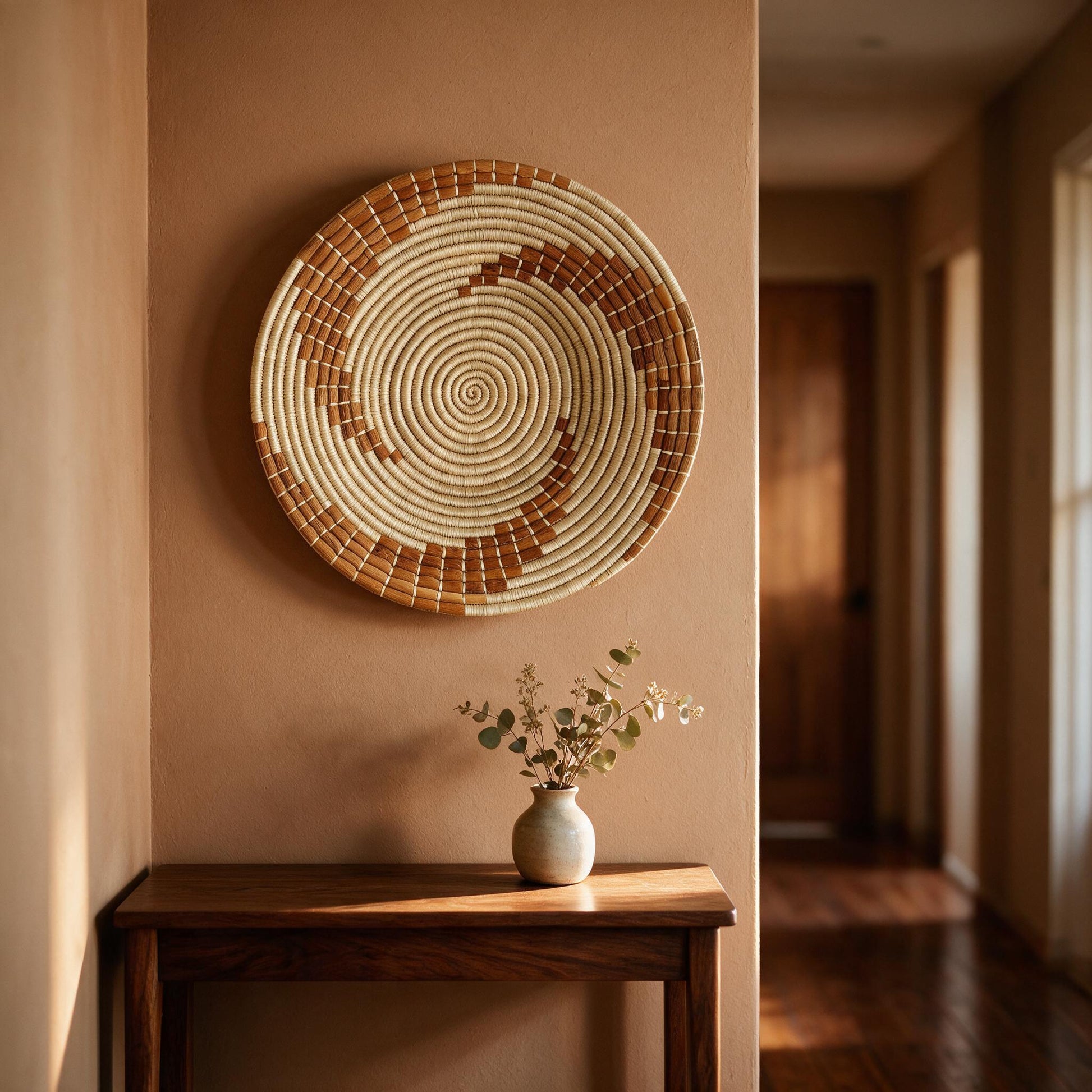 Bahari banana bark wall basket in a hallway