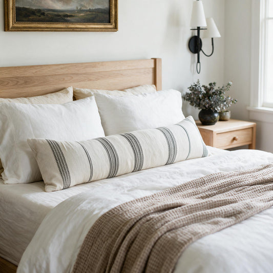 Aden lumbar pillow across a white linen bed
