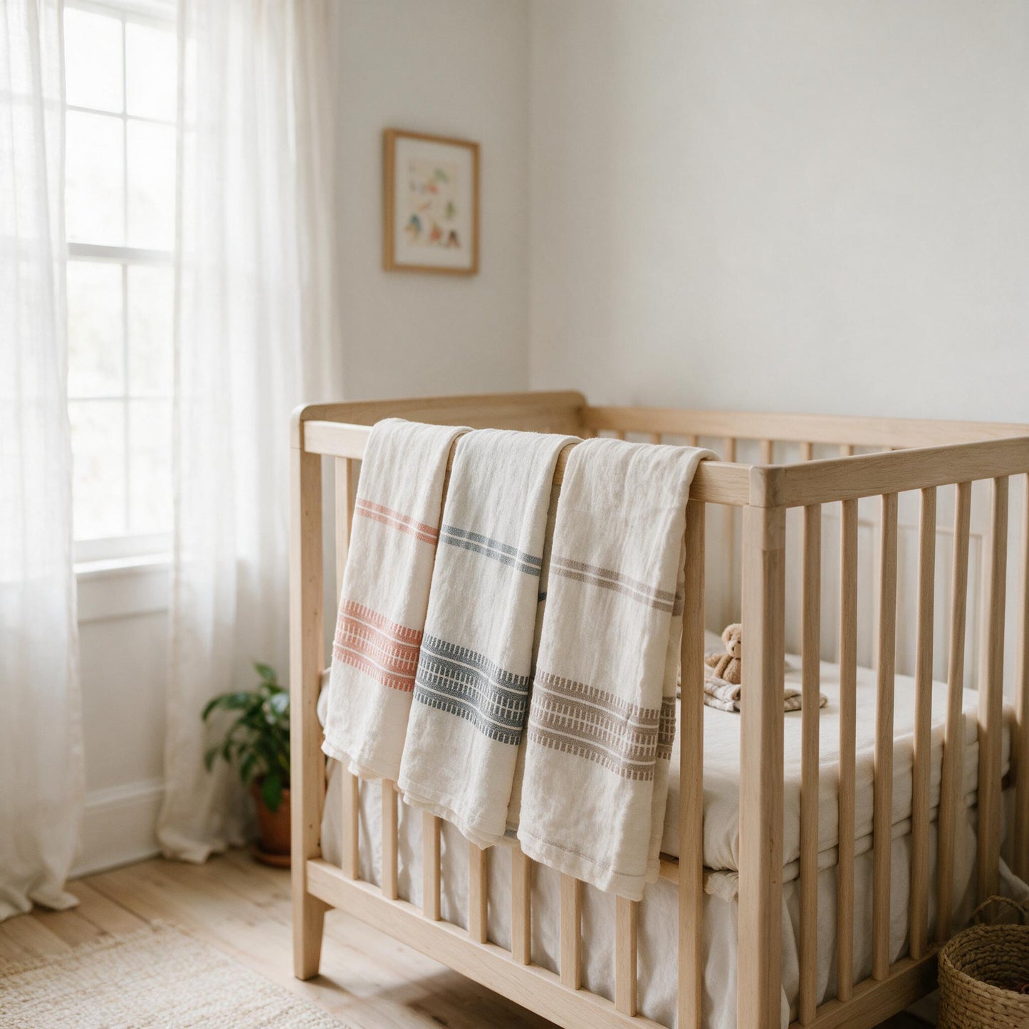 Handwoven cotton baby swaddle over a cot rail