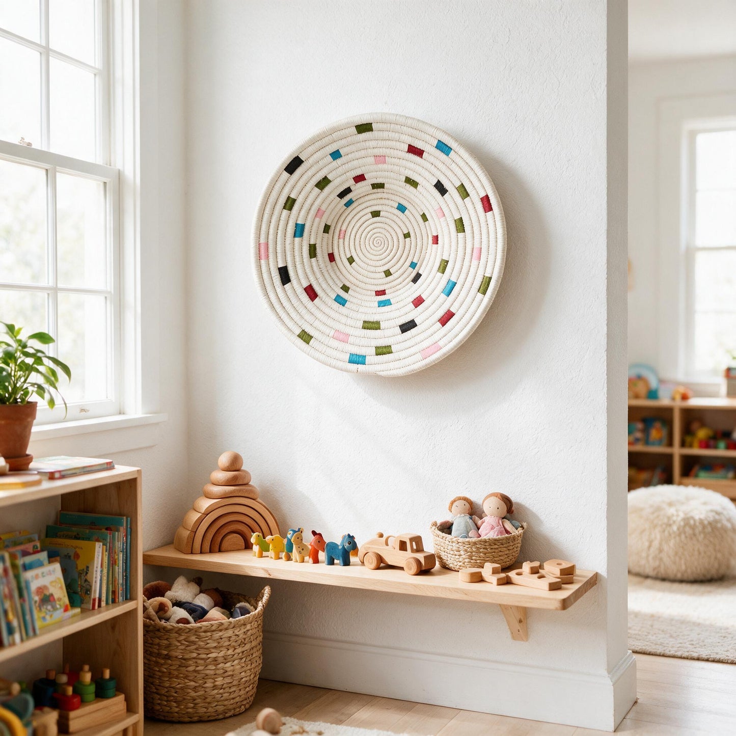 Mosaic confetti wall basket in a playroom