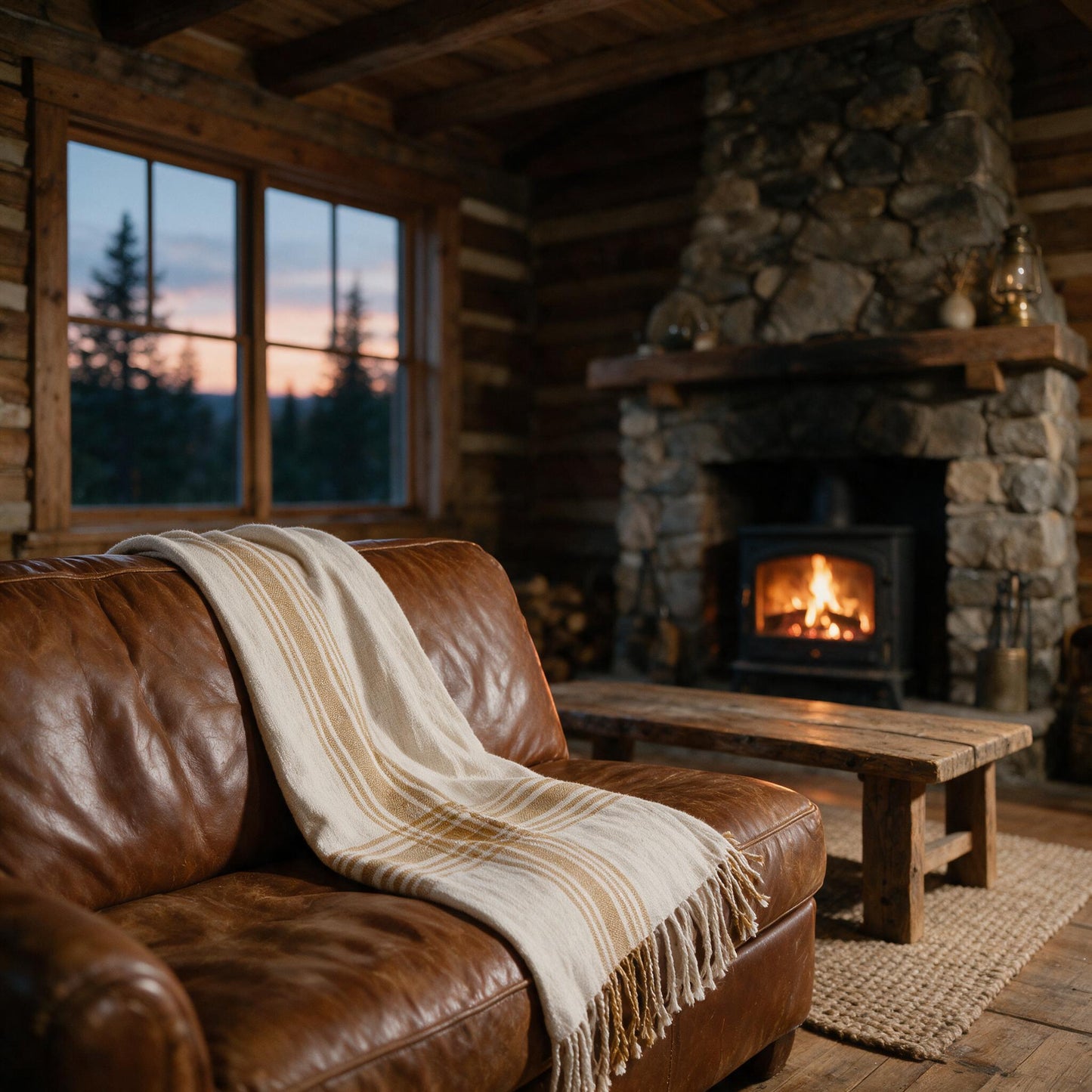 Cabin Hatch throw blanket on a leather sofa