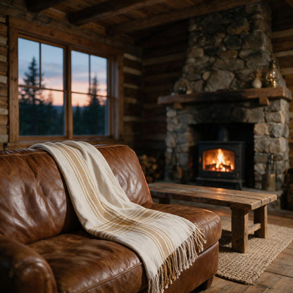 Cabin Hatch throw blanket on a leather sofa