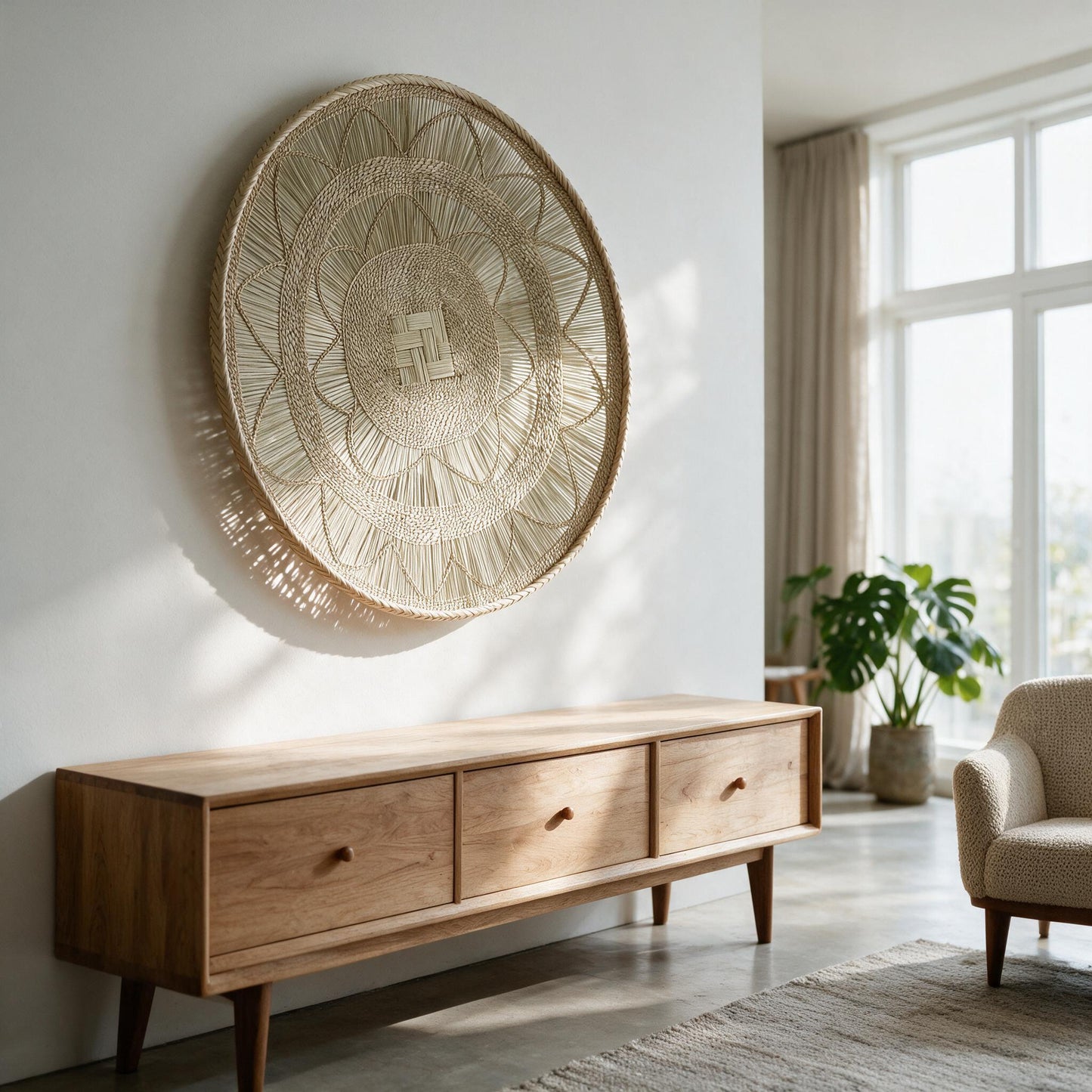 Statement Binga lace blonde basket above a sideboard